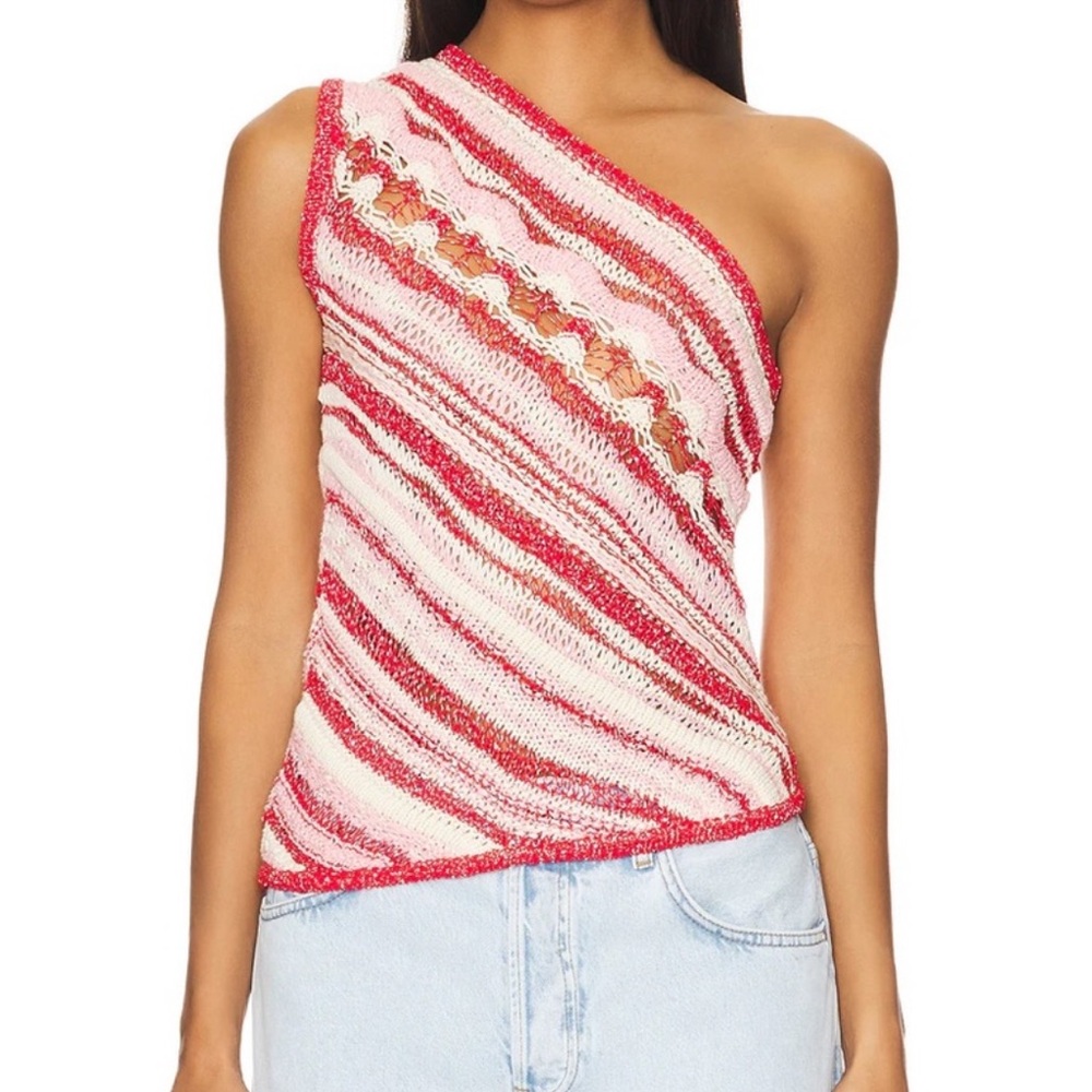 Asymmetrical Pink Stripe One-Shoulder Knit Camisole